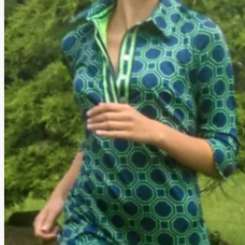 Gretchen Scott Everywhere Dress: Navy Green Geometric Print 3/4 sleeve Large